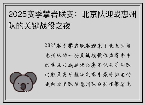 2025赛季攀岩联赛：北京队迎战惠州队的关键战役之夜