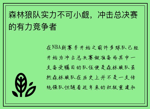 森林狼队实力不可小觑，冲击总决赛的有力竞争者